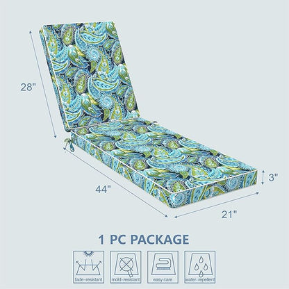 LVTXIII Outdoor Chaise Lounge Cushion 72x21x3 Inch, Water-Repellent Patio Seat Cushion with Ties & Hidden Zipper, Thick Foam Pad for Lawn Chair, Poolside, Patio Furniture, Paisley Lapis Green