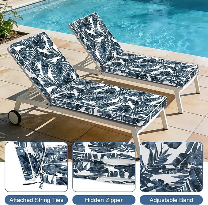 LVTXIII Outdoor Chaise Lounge Cushion 72x21x3 Inch, Water-Repellent Patio Seat Cushion with Ties & Hidden Zipper, Thick Foam Pad for Lawn Chair, Poolside, Patio Furniture, Palm Blue