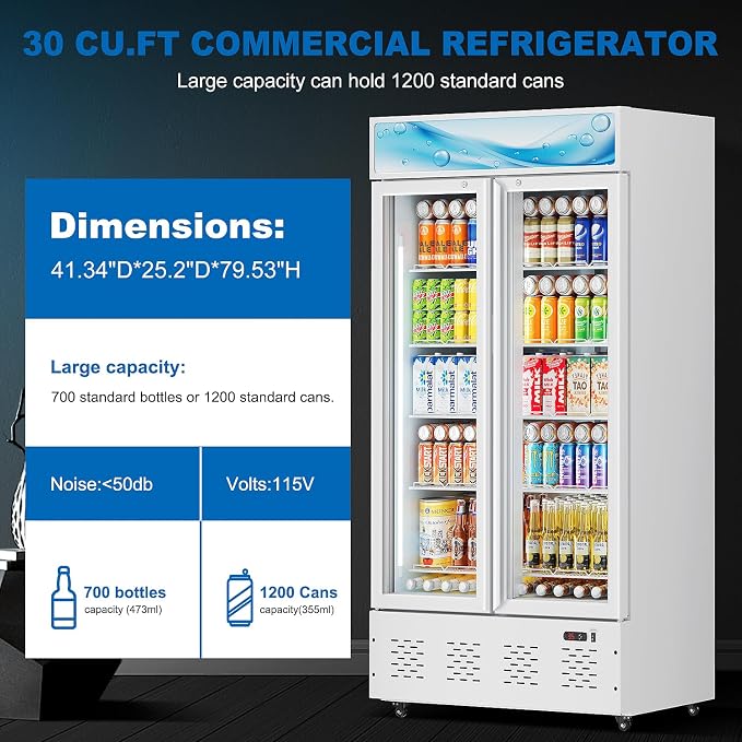 41.34'' W Commercial Beverage Refrigerators, 30 Cu.ft Glass Door Refrigerator Commercial with LED Light and 10 Shelves, Display Refrigerator for Restaurant Store Cafe Bar, White