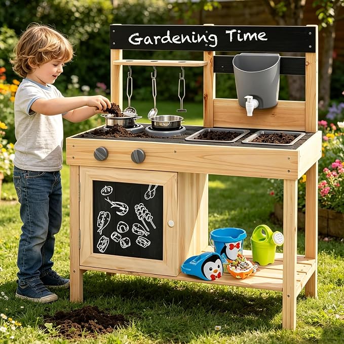HONEY JOY Fir Wood Outdoor Play Kitchen for Toddlers, Realistic Faucet & Water Tank, Stoves, Sink, Storage Shelf, Outside Kitchen Playset, Mud Kitchen for Kids Outdoor Backyard