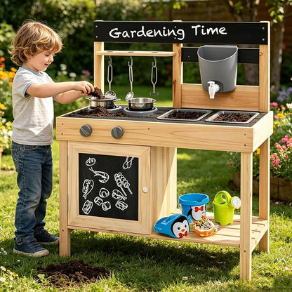 HONEY JOY Fir Wood Outdoor Play Kitchen for Toddlers, Realistic Faucet & Water Tank, Stoves, Sink, Storage Shelf, Outside Kitchen Playset, Mud Kitchen for Kids Outdoor Backyard