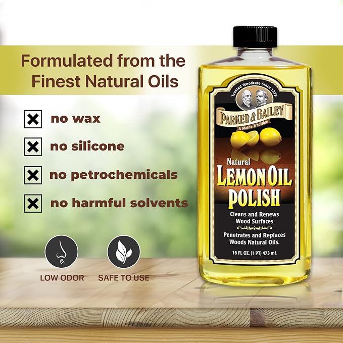 Parker & Bailey Lemon Oil Polish, Natural Lemon Scented Furniture Cleaner & Wood Table Cleaner, Renews & Restores a Finish for Woods, Protects from Drying or Cracking, Leaves a Shiny Finish, 16 oz