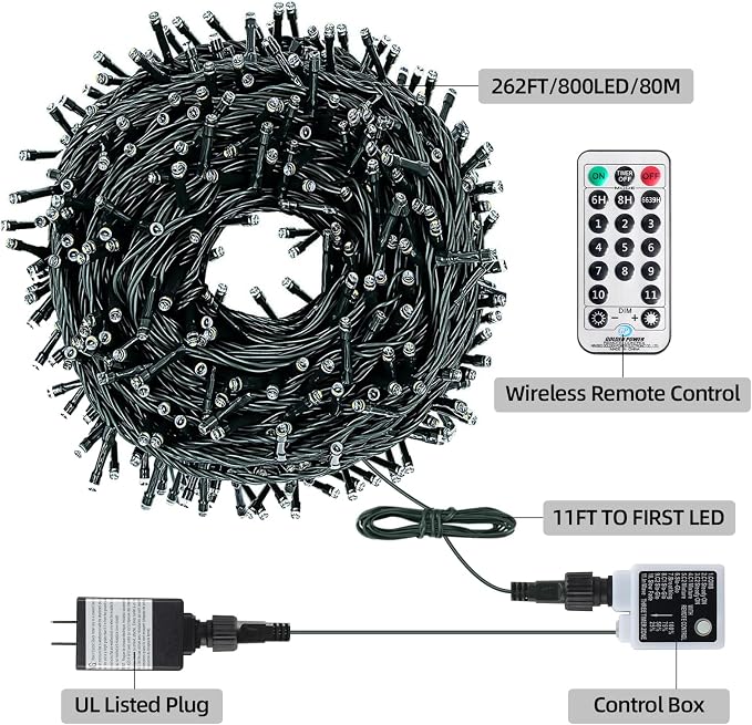 MZD8391 262FT 800LED Color Changing Christmas Light,Christmas Tree Light | Warm White & Multicolor, Waterproof, UL listed, 11 Light Mode, Remote & Timer, Memory, Fairy Lights Outdoor