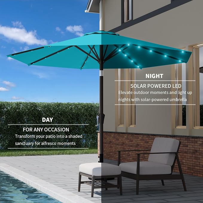 9FT Patio Umbrella with Solar Lights,Outdoor Market Umbrella with Tilt and Crank, LED Lighted Table Umbrella for Garden,Deck,Backyard,Pool,Beach (Light Blue)