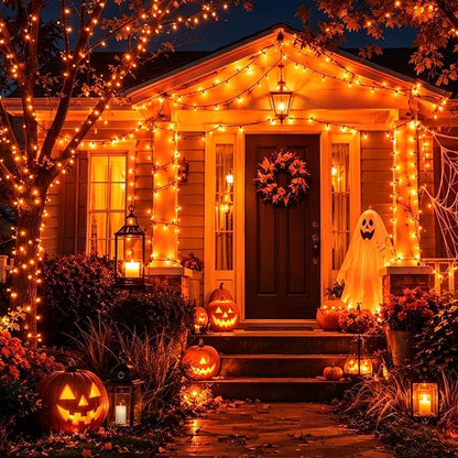 QITONG Solar Halloween String Lights, 2 Pack Each 33ft 100 LED Orange Fairy Lights Outdoor Waterproof, Green Wire Twinkle Light with 8 Modes for Outside Halloween Party Decor