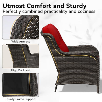 3-Piece Outdoor Couch Set, Include Wicker Patio Sofa with Thickened Olefin Cushions, High Back and Deep Seating, Hand-Woven PE Rattan and 2 Ottomans, Patio Conversation Set for Porch, Deck