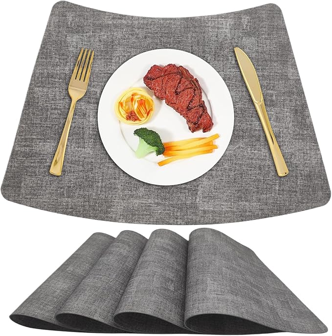 Round Table Placemats Set of 4, Faux Leather Wedge Shape Place Mats Heat Resistant Wipeable Washable Table Mats, Heavy Duty Kitchen Dining Mats(Light gray)