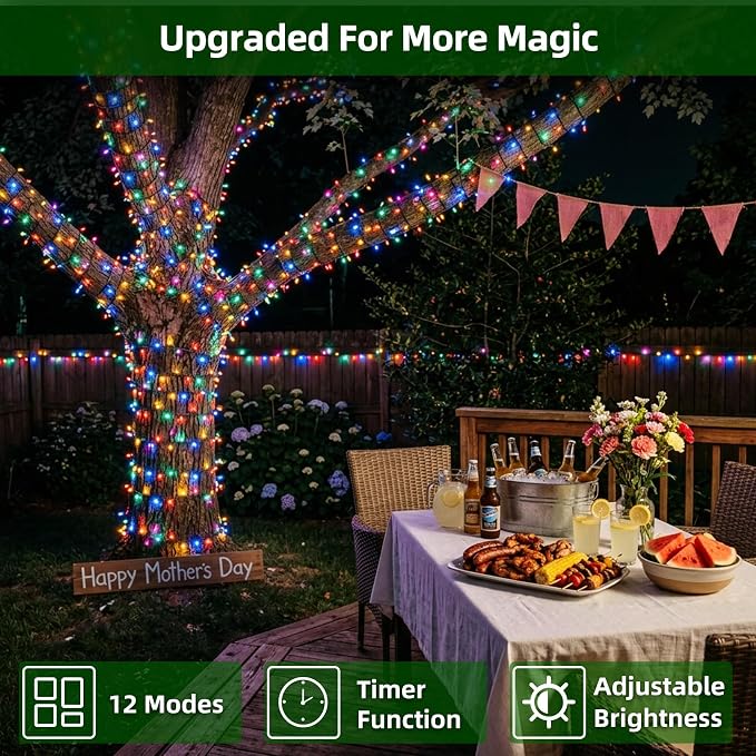 300LED Christmas Lights Outdoor Indoor Use, 12 Lighting Modes 75ft Christmas Tree Lights with Timer, Dimmable Multicolor LED StringLights Waterproof for Yard Tree Wedding Party Holiday Multicolor