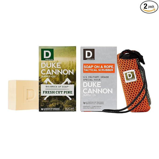 Duke Cannon Bar Soap + Tactical Scrubber 2 Pack Bundle | Fresh Cut Pine Big Brick Soap (10 oz) & Military-Grade Tactical Pouch | Triple-Milled, Paracord Handle | Coarse and Soft Mesh