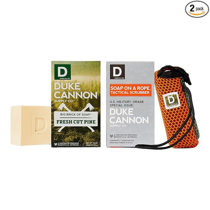 Duke Cannon Bar Soap + Tactical Scrubber 2 Pack Bundle | Fresh Cut Pine Big Brick Soap (10 oz) & Military-Grade Tactical Pouch | Triple-Milled, Paracord Handle | Coarse and Soft Mesh