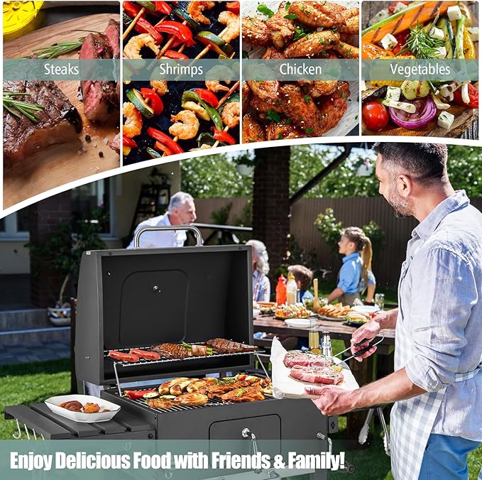 Giantex 24-Inch Charcoal Grill - 2 Foldable Side Tables, Bottom Storage Shelf, 8 Hooks, Adjustable Charcoal Tray, Pull-out Ash Tray, Outdoor BBQ Grill for Family Gatherings Backyard Party Camping