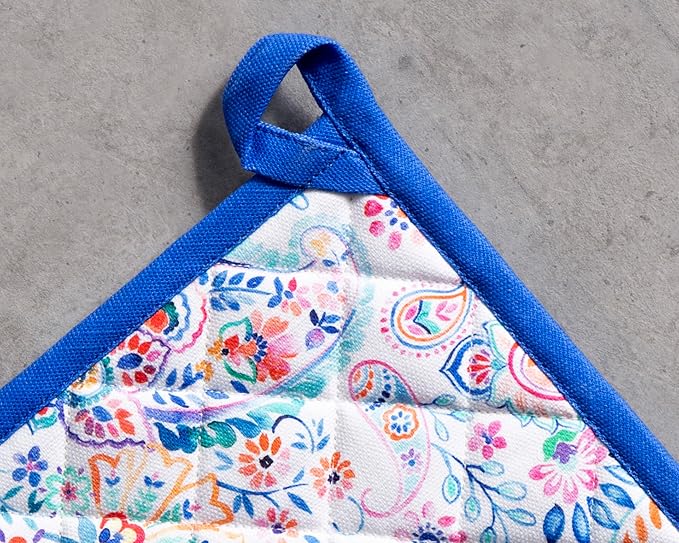 Maison d' Hermine Pot Holders 100% Cotton Heat Resistant Potholders 8" x 8" Hot Pads with Loop BBQ Cooking Baking Hotel Farmhouse Kitchen Handling Hot Pans Spring Summer (Pack of 2, Indian Floral)