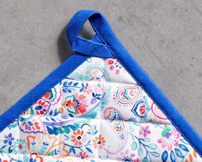 Maison d' Hermine Pot Holders 100% Cotton Heat Resistant Potholders 8" x 8" Hot Pads with Loop BBQ Cooking Baking Hotel Farmhouse Kitchen Handling Hot Pans Spring Summer (Pack of 2, Indian Floral)