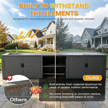 Domi Outdoor Kitchen with Stainless Steel Sink, Aluminum Outdoor Prep Table & Storage Cabinet, 3-Piece All Weather Patio Modular Station for Backyard, Dark Grey