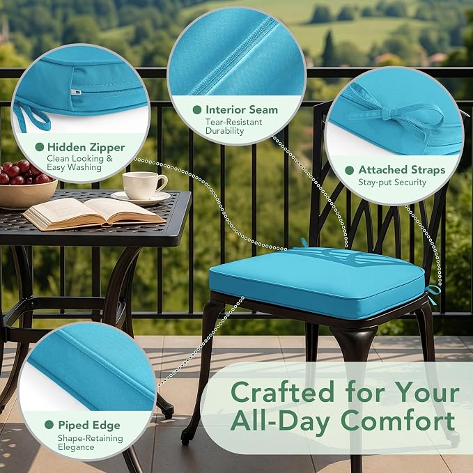 Outdoor Chair Cushions Set of 2: Waterproof & Fade Resistant Patio Furniture Cushions - 18.5 x 16 x 2 Inch Non Slip Round Corner Seat Cushion Pads with Removable Cover for Garden Yard Lawn, Teal