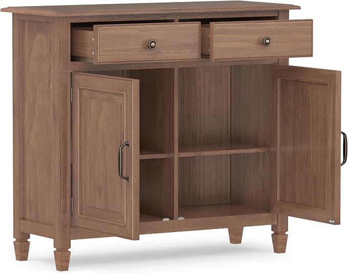 SIMPLIHOME Connaught 40" Solid Wood Cabinet in Medium Saddle Brown | Traditional slim entryway and living room organizer for hats, gloves, shoes and keys with space-saving storage design.