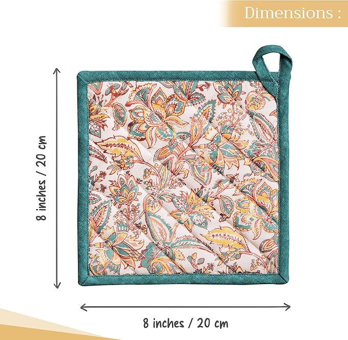 Maison d' Hermine Pot Holders Set 100% Cotton Heat Resistant Potholders 8" x 8" Hot Pads with Loop for Thanksgiving Christmas Decorations BBQ Cooking Baking Handling Hot Pans (Pack of 2, Nila)