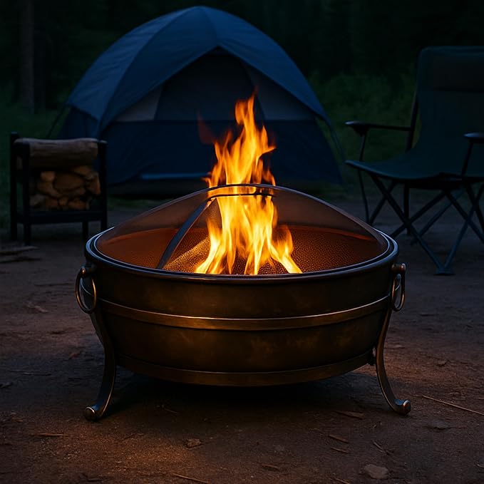 Sunnydaze 34-Inch Steel Large Fire Pit for Outside - Wood-Burning Fire Pit Bowl for Outdoors with Spark Screen, Log Poker, and Grate