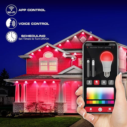 Monster Smart Permanent Outdoor Lights, 100ft, 72 LED Eaves Lights, RGB+IC+WW, Weather & Water Resistant, App & Voice Control, Compatible with Alexa and Google, for Patios, Gardens & Year-Round Use