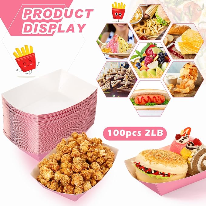 100 Pcs 2lb Paper Food Trays Boat Nacho Boats for Hot Dogs, Pink | Grease-Resistant, Disposable Kraft Paper Boat for Tacos Concession, Food Trucks, Birthday, Wedding, Christmas, Halloween