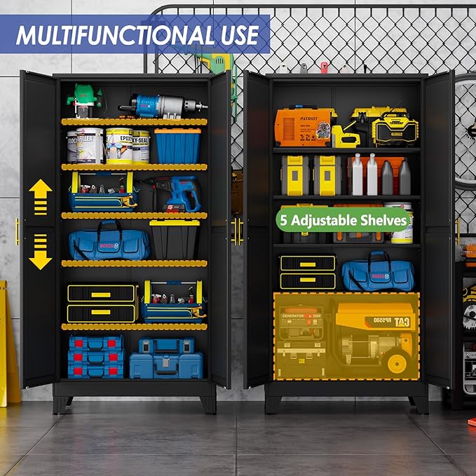 75" Metal Garage Storage Cabinet with 2 Doors and 5 Adjustable Shelves,Metal Storage Cabinets,Steel Tool Cabinets for Home,Office,Garage,Warehouse (Black, 75''H x 36''W x 18''D)