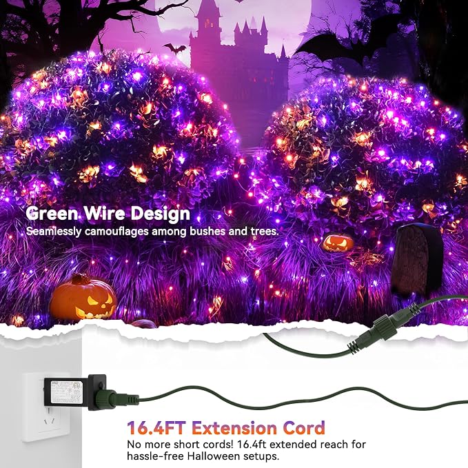 LitHome 21FT x 5FT Halloween Net Lights Outdoor Connectable, 360 LED | Purple Orange Bush Lights with 8 Modes, Waterproof Net Mesh Light Dark Green Wire for Bushes Shrubs Trees Holiday Decor