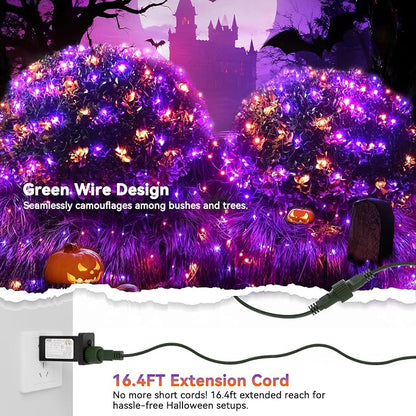 LitHome 21FT x 5FT Halloween Net Lights Outdoor Connectable, 360 LED | Purple Orange Bush Lights with 8 Modes, Waterproof Net Mesh Light Dark Green Wire for Bushes Shrubs Trees Holiday Decor