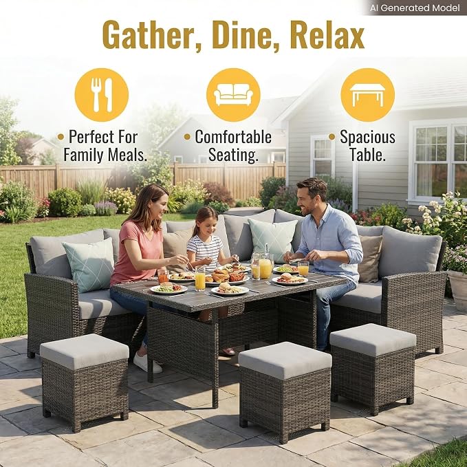 Wisteria Lane 7 Piece Patio Furniture Set, Patio Sectional for All Weather | High Curved Back Outdoor Furniture Dining Set, Wicker Patio Sofa, Patio Conversation Sets with Ottoman for Porch, Ash Grey