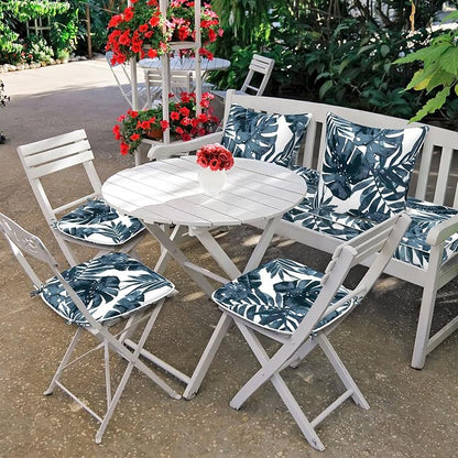 DYTXIII Set of 4 Outdoor Chair Cushions with Ties,Water Repellent Patio Chair Pads 17"x 16" for Outdoor Furniture,Round Corner Seat Cushions for Garden Yard Kitchen Palm Blue