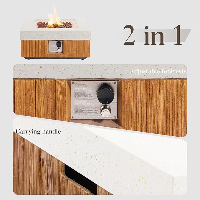 COSIEST 28" Outdoor Propane Fire Pit Table, Small Square Gas Fire Pit Table with Concrete & Log Wood Grain Design, 50000BTU Fire Tables for Patio, Backyard, Garden Heating