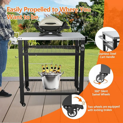 M METERXITY Stainless Steel Pizza Oven Table for Ooni, 32"x 24" Three-Shelf | Stainless Steel Outdoor Grill Cart Table, Outside BBQ Food Prep, 650 lbs, Multifunctional Area for Pizza Ovens Stand, Griddle