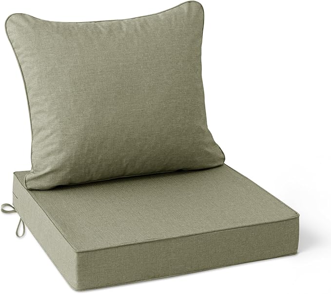 Summsun Water Resistant Outdoor Chair Cushions, Faux Linen Backrest and Deep Seat Cushion Set with Ties, Removable Cover, Non-Slip Bottom for Patio Furniture, 22 x 22 Inch, Mocca Green