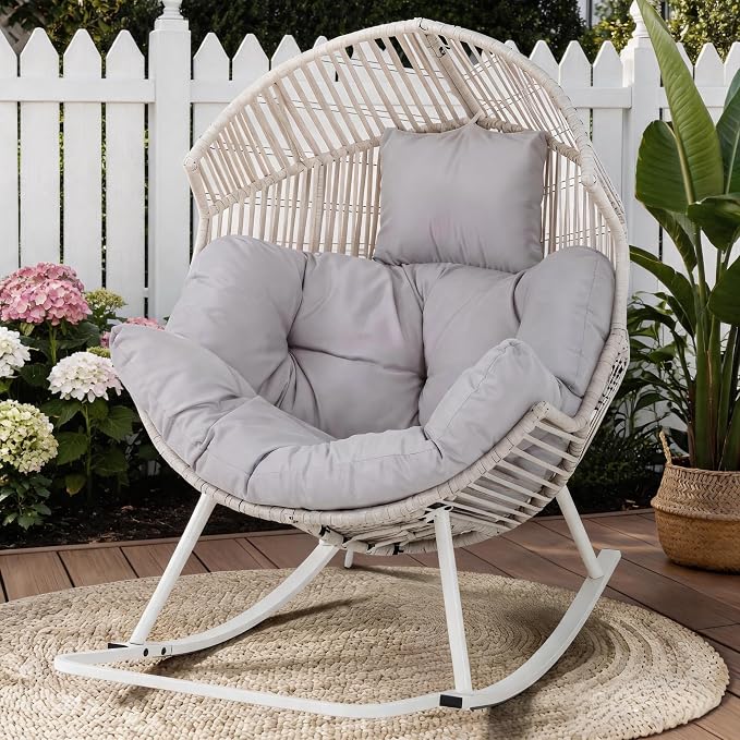 Shintenchi Egg Chair Outdoor, Oversized Outdoor Indoor Wicker Rocking Chair, Large PE Rattan Egg Rocking Chair with Cushion for Patio, Balcony, Backyard, Garden, Light Gray