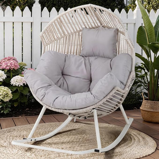 Shintenchi Egg Chair Outdoor, Oversized Outdoor Indoor Wicker Rocking Chair, Large PE Rattan Egg Rocking Chair with Cushion for Patio, Balcony, Backyard, Garden, Light Gray