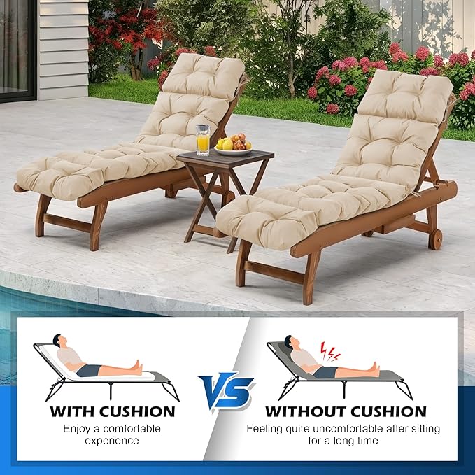 Chaise Lounge Cushions Outdoor, Waterproof & Fade Resistant Patio Lounge Chair Cushions for Outdoor Furniture, Chaise Cushion with Ties for Patio, Pool, Lawn and Beach, 75.1x22.8x4.7 Inch, Beige