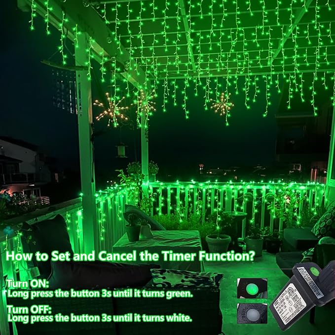 QITONG Green Halloween Lights, 66ft 800 LED Icicle Light for Outside with 8 Modes, Clear Wire Connectable Christmas String Lights Plug in Indoor