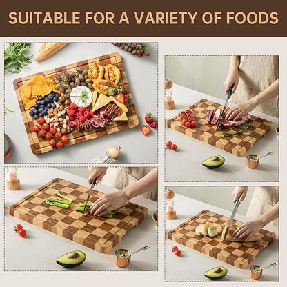 Bamboo Cutting Boards for Kitchen, End Grain Wood Cutting Board with Juice Grooves & Handles, Charcuterie Checkered Chopping Board Thick Butcher Block Serving Tray with Gift Box, 16.5"×11.6"× 1"