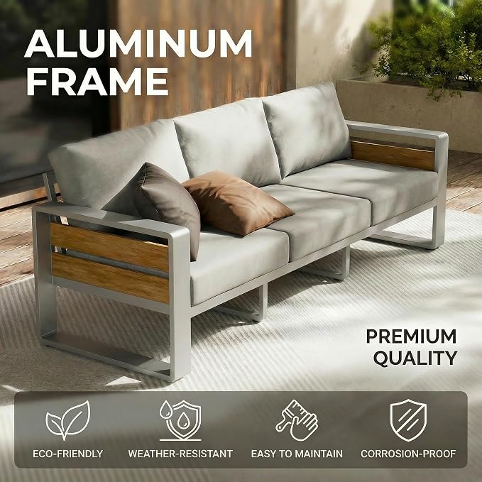 ZANDOR Aluminum Outdoor Patio Furniture Set with Table,7 Seat, Silver | Rustproof,High weight capacity,Water-repellent,Washable Cover,All-Weather Resistant,Easy clean,for Poolside Backyard Deck