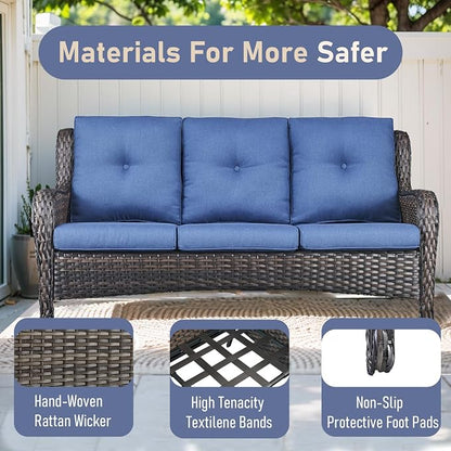Outdoor Patio Furniture - 3 Seater Outdoor Rattan Wicker Sofa Patio Couch with Ottoman for Porch Deck Garden Backyard - Brown/Blue