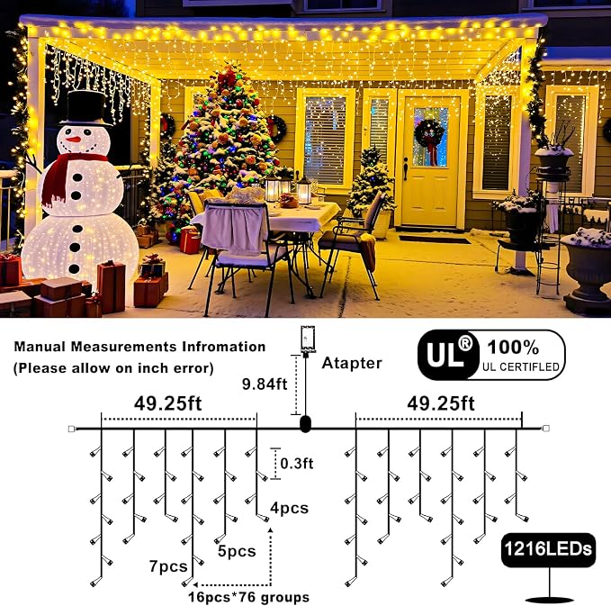 Icicle Lights for Outside 99ft 1216 LED Warm White Christmas Lights Outdoor | Plug in Icicle Christmas Lights 8 Modes Waterproof with 228 Drops for Party, Holiday, Wedding, Christmas Decoration