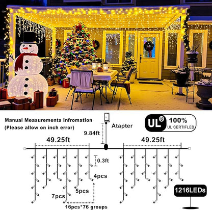 Icicle Lights for Outside 99ft 1216 LED Warm White Christmas Lights Outdoor | Plug in Icicle Christmas Lights 8 Modes Waterproof with 228 Drops for Party, Holiday, Wedding, Christmas Decoration