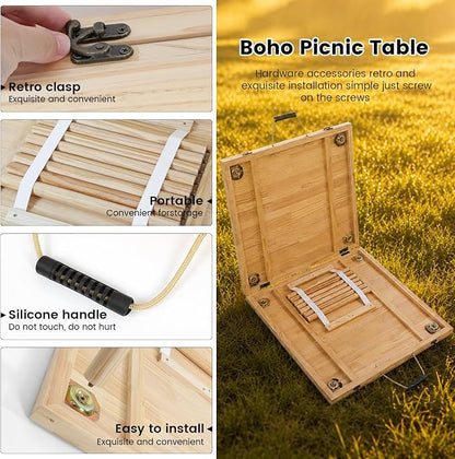 60" x 30" Boho Low Picnic Table, Foldable Solid Wood Construction | Beach Table with Tablecloth & Adjustable Legs, Indoor & Outdoor Use for Beach, Camping, BBQ, Wedding & Warm Family Gatherings