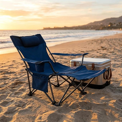 Adjustable Folding Beach Chair, Portable Camping Chair for Adults with Backrest, Reclining Outdoor Chair with Cup Holder & Pocket, Foldable Low Beach Chair for Camping, Picnic, Navy Blue