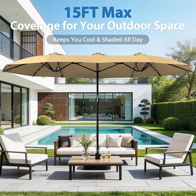 HOPERAN 15FT Patio Umbrella with Base Included, Large Outdoor Double-Sided Rectangle Table Umbrella with Easy Crank Lift, Market Umbrella for Backyard, Pool&Garden