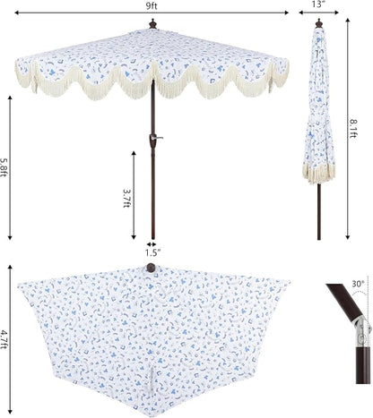 JONATHAN Y Beverly 9 ft. Patterned Half Umbrella, Blue/Dark Brown | Coastal Scalloped Cream Fringe, Crank Lift, 30 Degree Manual Tilt, UV 50 Polyester Canopy, Aluminum Frame, Space Saving