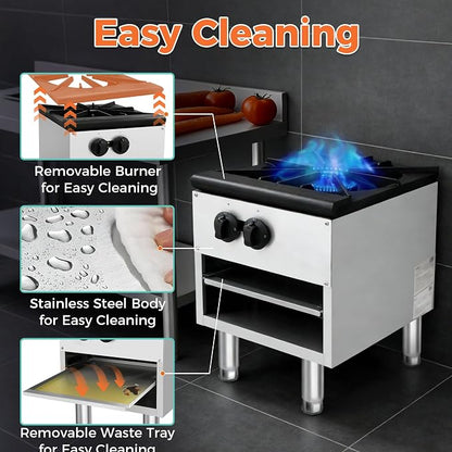 Countertop Stock Pot Range,NG LP Commercial Cooker with 80000 BTU Ring Burner,430 Stainless Steel Body,Removable Waste Tray,Adjustable Legs for Restaurant Catering Food Truck Use (Silver,1 Burner)