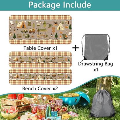 Fitted Picnic Table Cover with Bench Covers & Drawstring Bag, Camping Theme Waterproof Windproof Tablecloth, Elastic Edges Rectangle Table Cover for Outdoor Garden, 3PCS 30x60 Inch