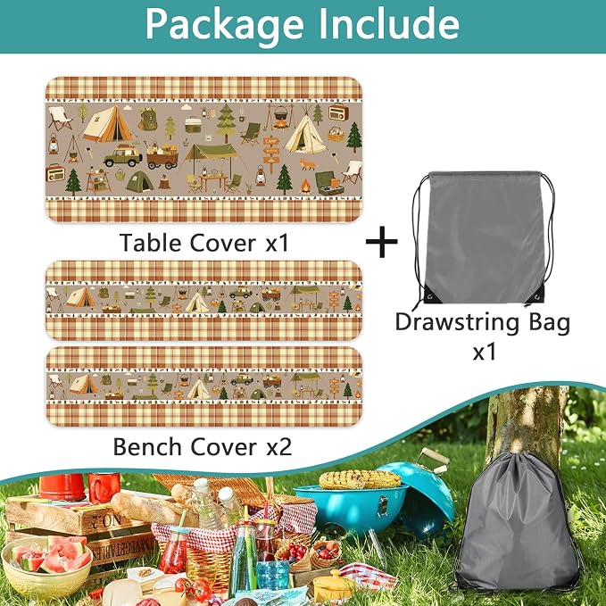 Fitted Picnic Table Cover with Bench Covers & Drawstring Bag, Camping Theme Waterproof Windproof Tablecloth, Elastic Edges Rectangle Table Cover for Outdoor Garden, 3PCS 30x72 Inch