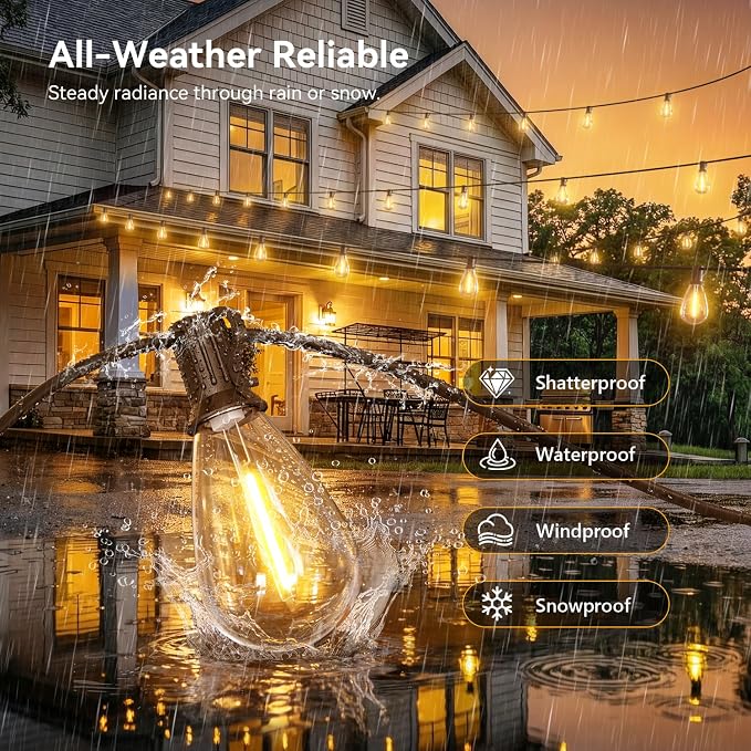 200FT Outdoor String Lights with Remote, Waterproof Patio Lights with 72+2 Shatterproof LED Bulbs,Dimmable Hanging Decor for Backyard Garden Porch Bistro, Timer & 3 Modes,2200K Warm White