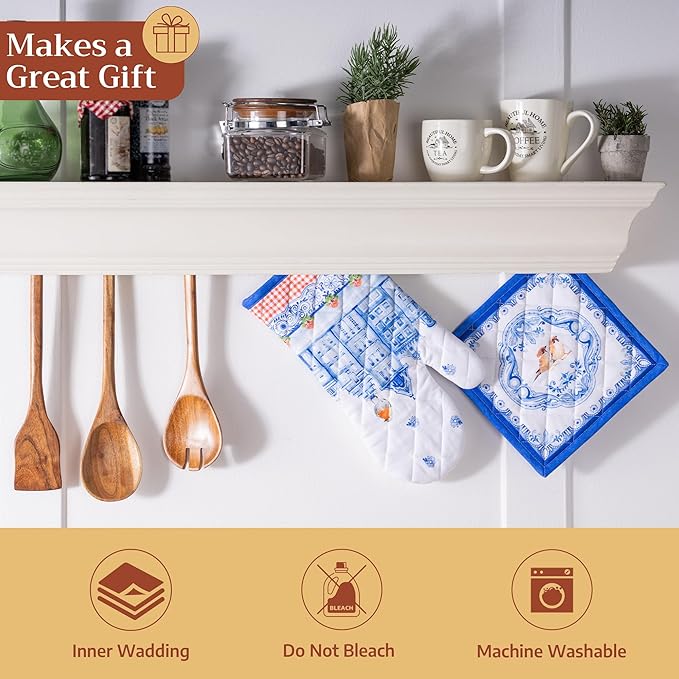 Maison d' Hermine 100% Cotton Oven Mitt & Pot Holder Set (7.5"x13" & 8"x8") Heat Resistant BBQ Cooking Gloves with Loop Baking Grilling Kitchen Hotel Home Farmhouse Spring Summer (Amsterdam Canals)